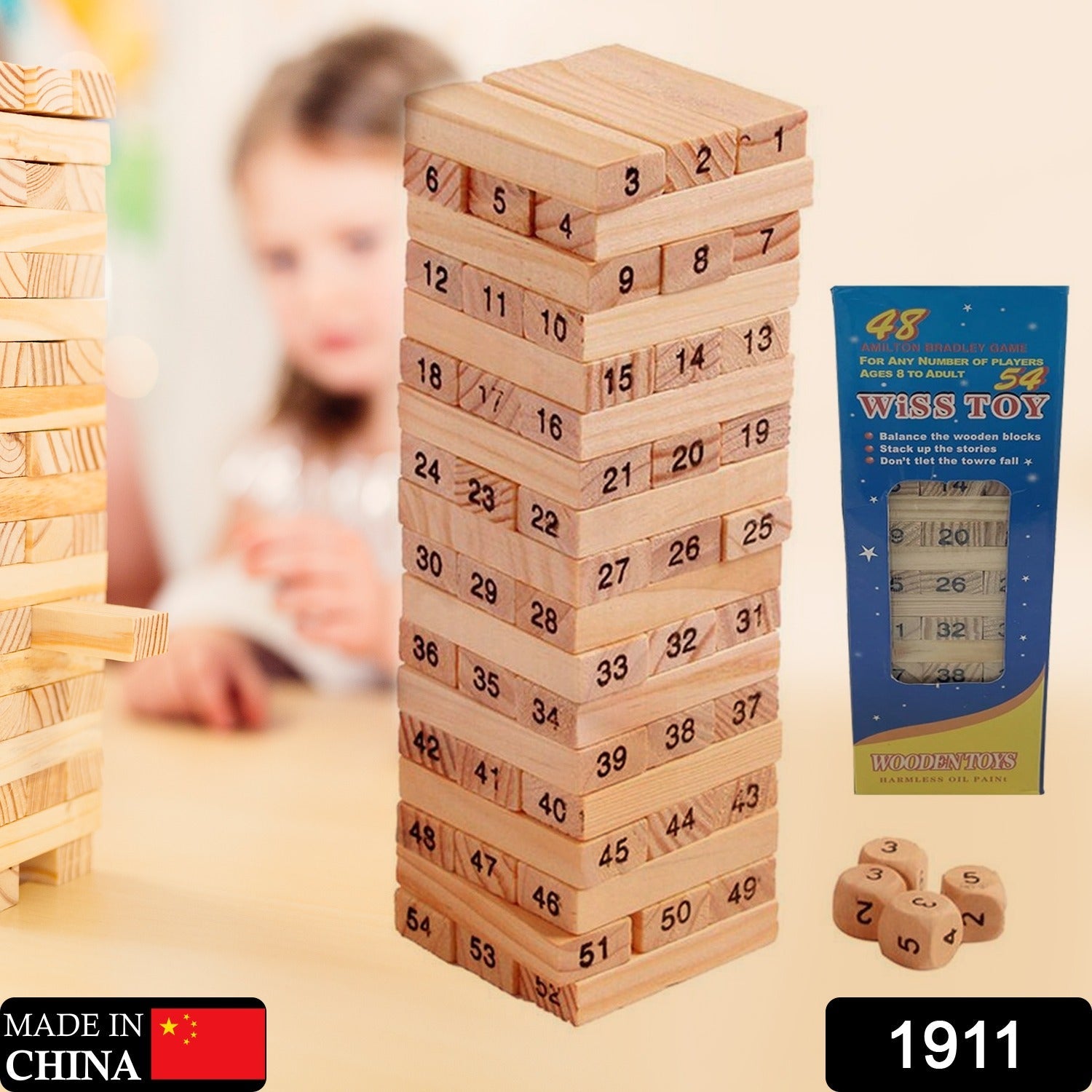 54 Pcs Blocks 4 Dices Wooden Tumbling Stacking Building 54 Pcs Blocks 4 Dices Wooden Tumbling Stacking Building